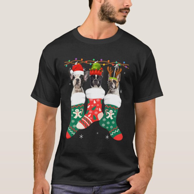 Camiseta Cachorro Francês Meias de Natal Xmas Pajama Pup (Frente)