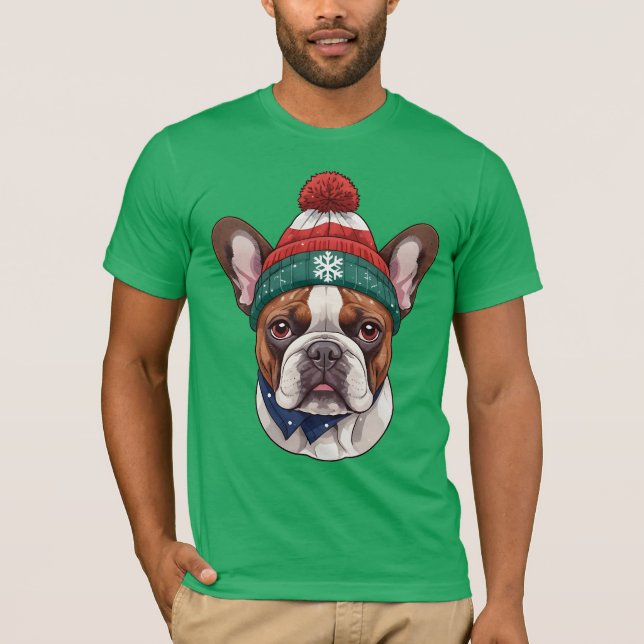 Camiseta Cachorro francês no chapéu de neve - Cachorro de N (Frente)