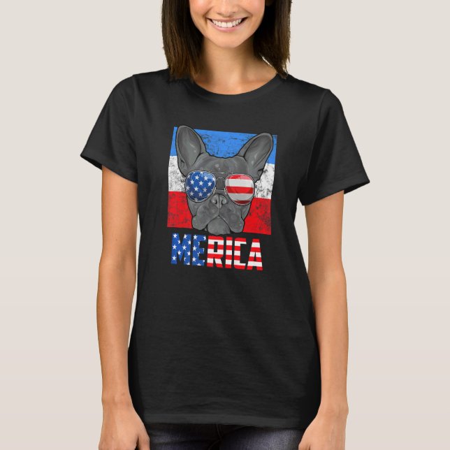 Camiseta Cachorro Francês Usa 4 De Julho Bandeira Americana (Frente)