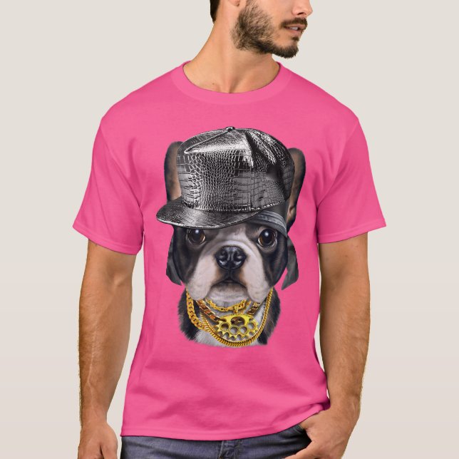 Camiseta Cachorro Francês Vestindo Boné Rapper Hip Hop (Frente)