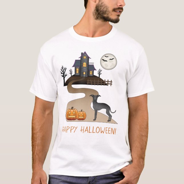 Camiseta Cachorro Gato Negro E Casa Assombrada Ao Halloween (Frente)