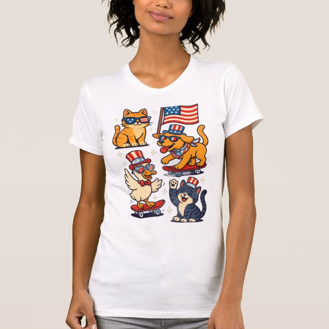 Camiseta Cachorro, Gatos e Pato nos EUA Vidros de Bandeira  (Frente)