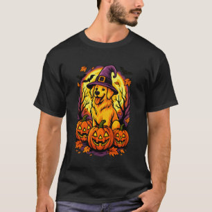 Camiseta Cachorro Golden Retriever Chapéu de Bruxa Abóbora