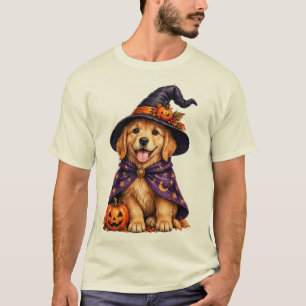 Camiseta Cachorro Golden Retriever Chapéu de Bruxa Hallowee
