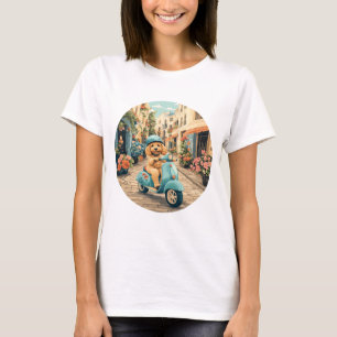 Camiseta Cachorro Goldendoodle andando de scooter pelas rua