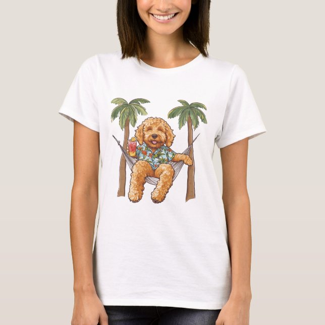 Camiseta Cachorro Goldendoodle com Roupa Havaiana (Frente)