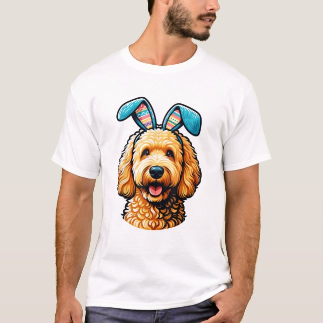 Camiseta Cachorro Goldendoodle da Páscoa Usando Orelhas de  (Frente)