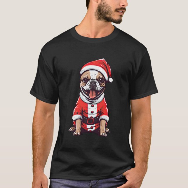Camiseta Cachorro-Grande Francês Papai Noel Festa de Natal (Frente)