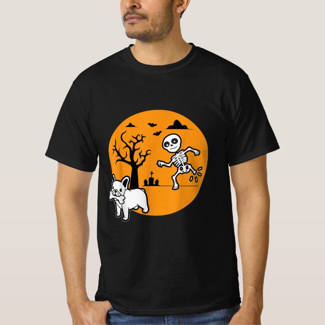 Camiseta Cachorro-Grande Francês Skeleton Bone Halloween Co (Frente)