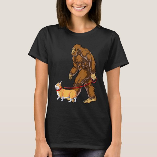 Camiseta Cachorro Grande Walk Corgi Engraçado Sasquatch Apr (Frente)
