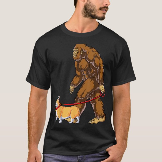 Camiseta Cachorro Grande Walk Corgi Engraçado Sasquatch Apr (Frente)