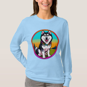 Camiseta Cachorro Husky de Desenho Animado Fofo com Coleira