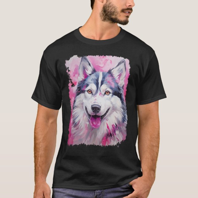 Camiseta Cachorro Husky Engraçado Rosa (Frente)