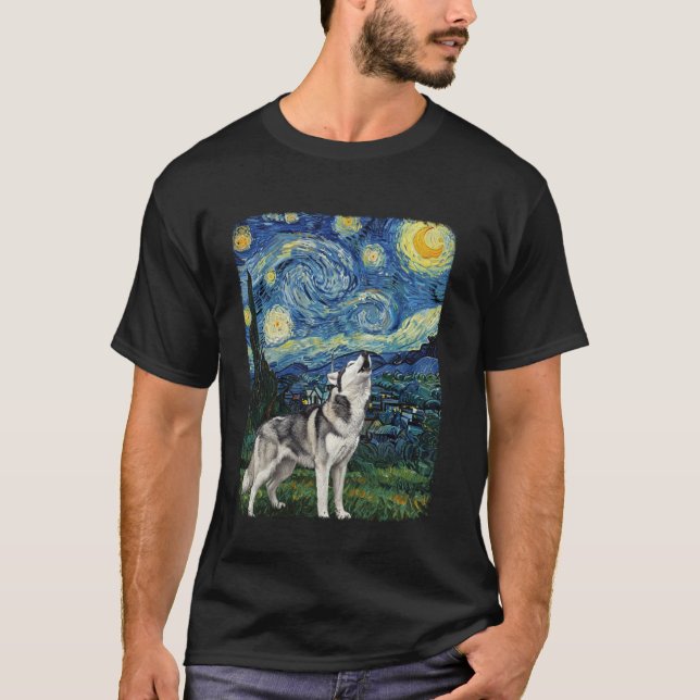 Camiseta Cachorro Husky Engraçado Uivando Para a Lua Noite  (Frente)