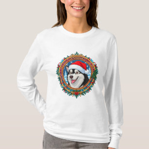 Camiseta Cachorro Husky Feliz Dentro de Coroa de Natal Fest