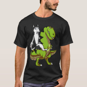 Camiseta Cachorro Husky Siberiano Montando Dinossauro T-Rex