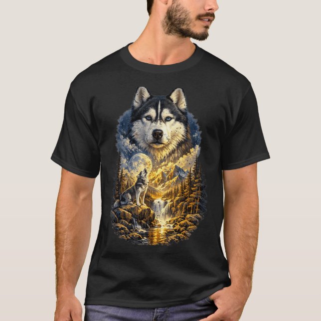 Camiseta Cachorro Husky Siberiano Uivando para a Lua (Frente)