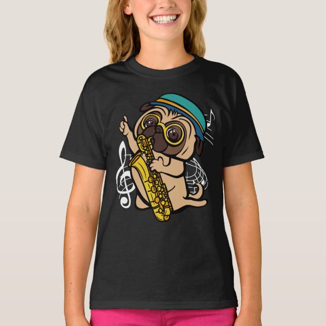 Camiseta Cachorro Jogando Menina De Músico Saxofônica (Frente)