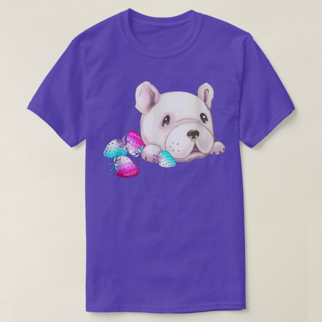 Camiseta Cachorro kawaii branco francês, bonito e morango  (Frente do Design)