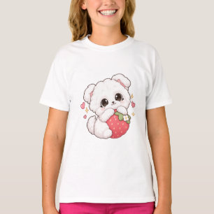 Camiseta Cachorro Kawaii fofo abraçando morango 