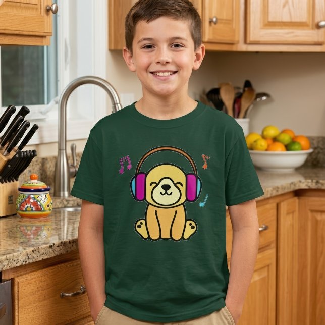 Camiseta Cachorro Kawaii Sorridente com Fones de Ouvido Col (Kawaii Dog Puppy Smiling with Colorful Headphones. Boy Basic Green T-Shirt)