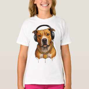 Camiseta Cachorro legal com Fones de ouvido e cadeia Dourad