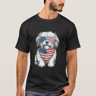 Camiseta Cachorro Lhasa Apso Óculos de Sol Bandeira EUA Pat
