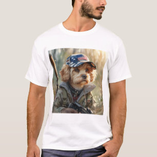 Camiseta Cachorro MAGA legal com arma e camuflagem