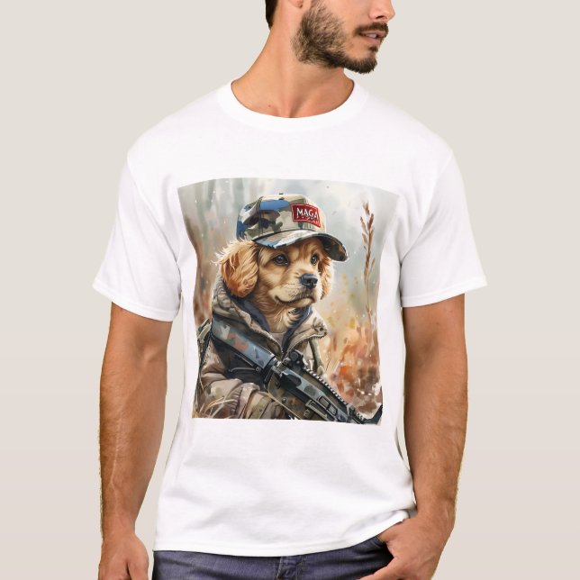 Camiseta Cachorro MAGA legal com arma e camuflagem (Frente)