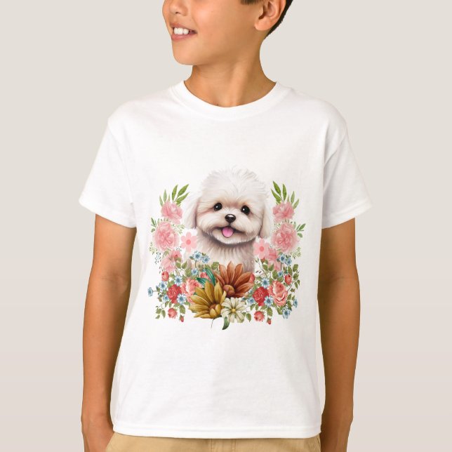Camiseta Cachorro Maltês com Flores, Cachorro Maltês (Frente)