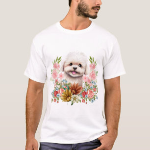 Camiseta Cachorro Maltês com Flores, Cachorro Maltês