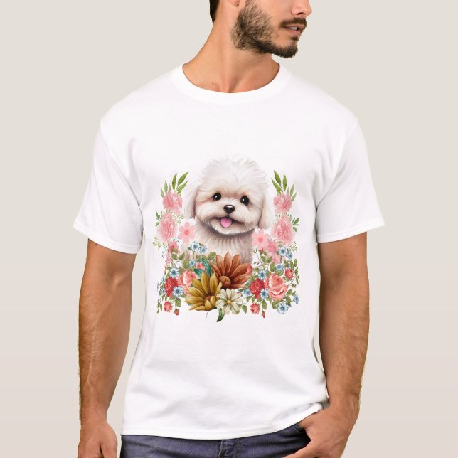 Camiseta Cachorro Maltês com Flores, Cachorro Maltês (Frente)