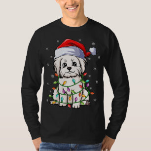 Camiseta Cachorro Maltês Engraçado Xmas Lighting Santa Hat