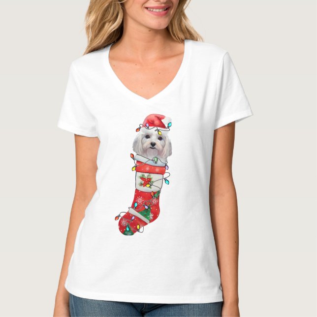 Camiseta Cachorro Maltês giro Natal, Xmas Cachorro Maltês (Frente)