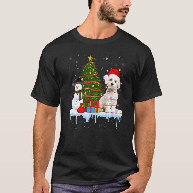 Camiseta Cachorro Maltês Papais noeis Luz Hata Em Neve Chri (Frente)