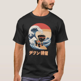 Camiseta Cachorro Negro Engraçado Japonês Onda Kanagawa
