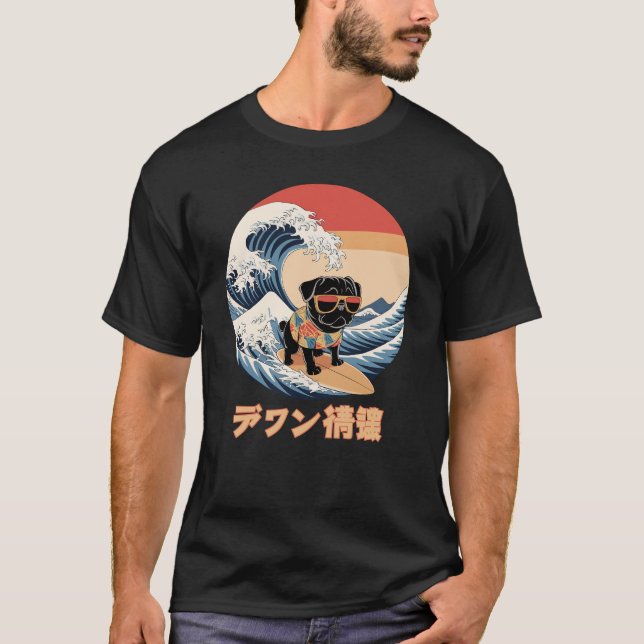Camiseta Cachorro Negro Engraçado Japonês Onda Kanagawa (Frente)