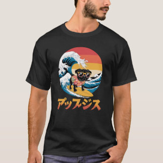 Camiseta Cachorro Negro Engraçado Japonês Onda Kanagawa