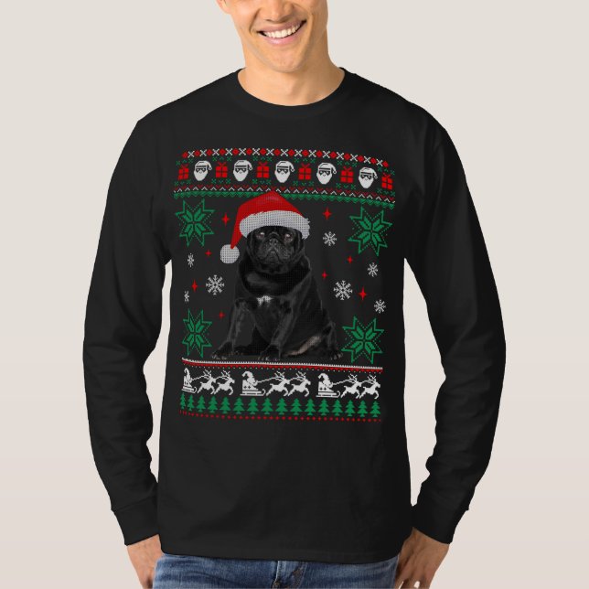 Camiseta Cachorro Negro Engraçado Moletador de Natal Feio (Frente)