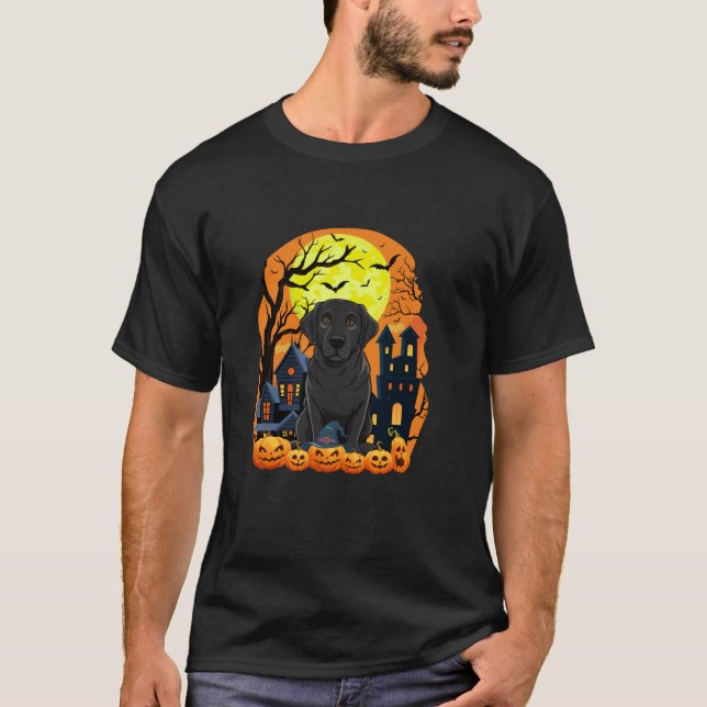 Camiseta Cachorro Negro Labrador Com Pumpkins Engraçado Sca (Frente)