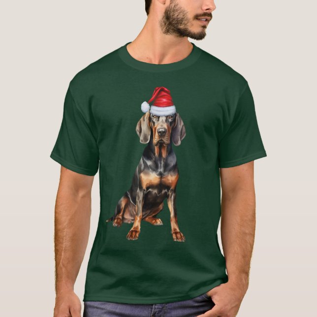 Camiseta Cachorro Negro Tan Coonhound Bonito e Feliz Natal (Frente)