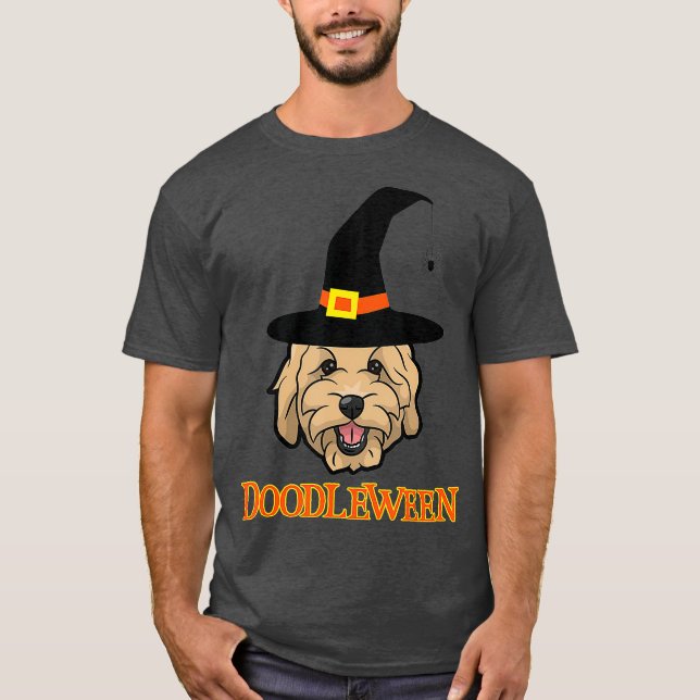 Camiseta Cachorro-Ouro de Goldendoodle Halloween Spooky (Frente)