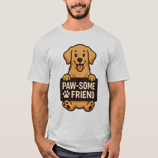 Camiseta Cachorro ouro Segurando Sinal "Paw-some Amigo" (Frente)