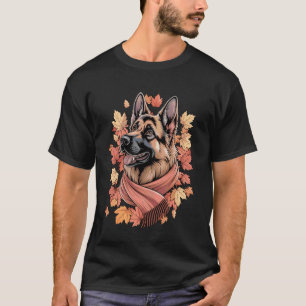 Camiseta Cachorro Pastor Alemão Cachecol de Outono Folhas d