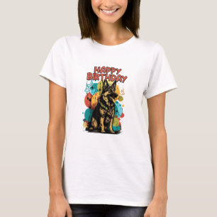 Camiseta Cachorro Pastor Alemão Festa de Aniversário Feliz