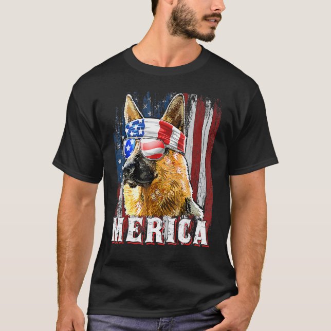 Camiseta Cachorro Pastor Alemão Merica 4 De Julho Bandeira  (Frente)