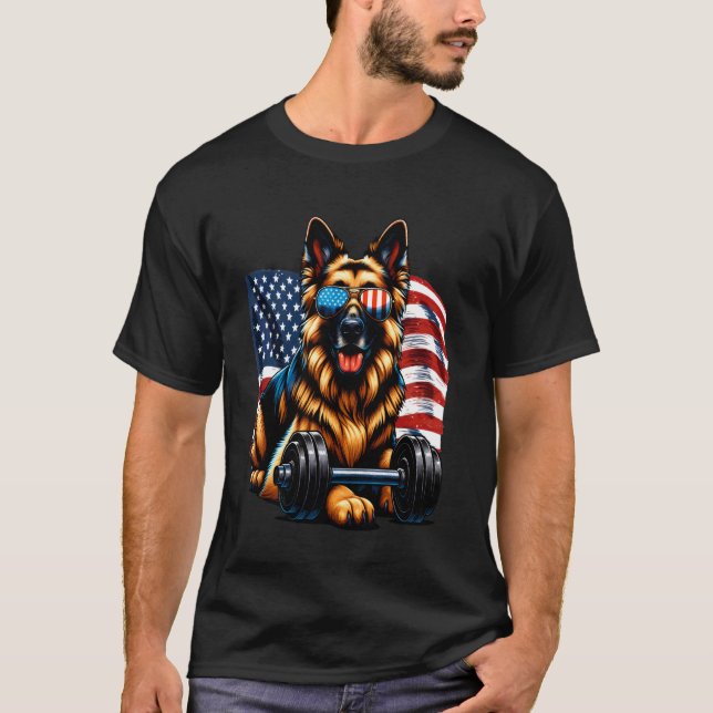 Camiseta Cachorro Pastor Alemão Patriótico Musculação Améri (Frente)