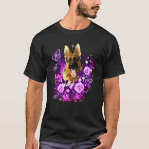 Camiseta Cachorro Pastor Alemão Rosa Roxa Flor Floral Ide