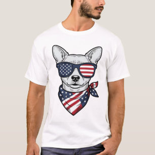Camiseta Cachorro Patriótico com Óculos de Sol de Bandeira