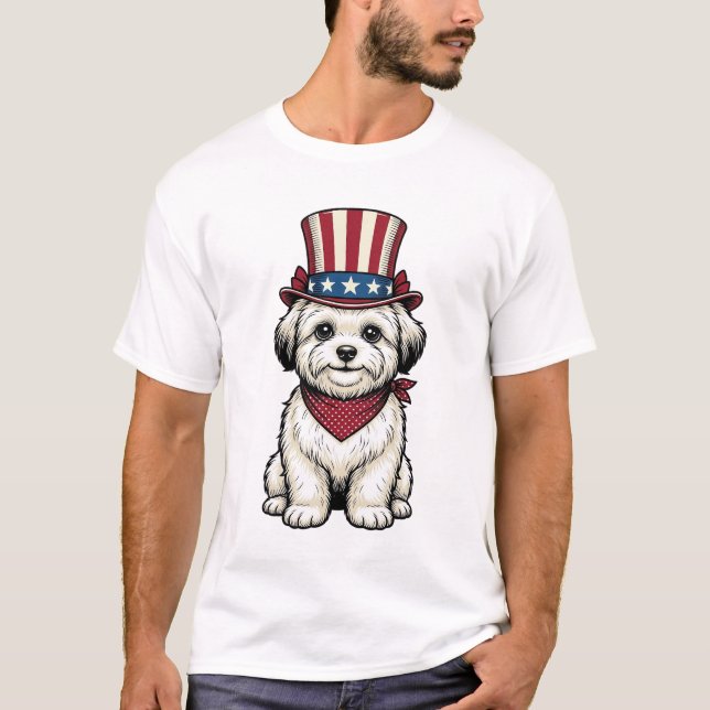 Camiseta Cachorro Patriótico Desenho Vetorial de Gravura Vi (Frente)